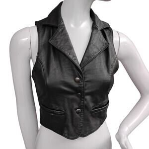Vintage 90s She Said Leather Vest Size XS Black Fabric Back Snap Buttons Pockets